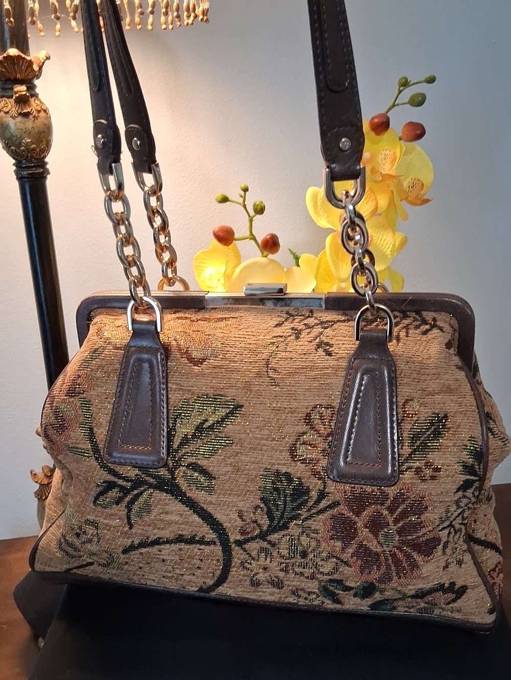 Vintage Liz Claiborne Floral Tapestry Shoulder Bag in Brown